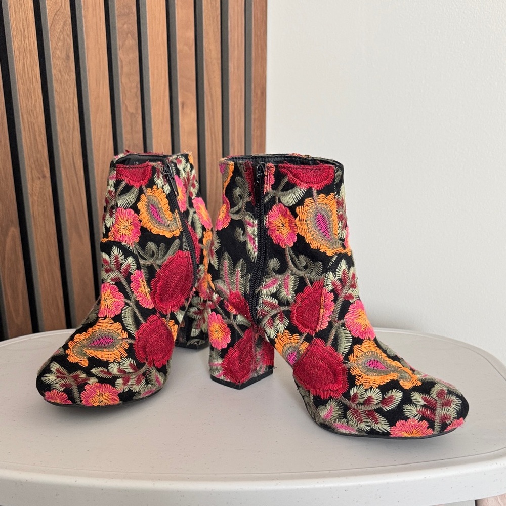 MIA Black and Red Floral Embroidered Ankle Boots